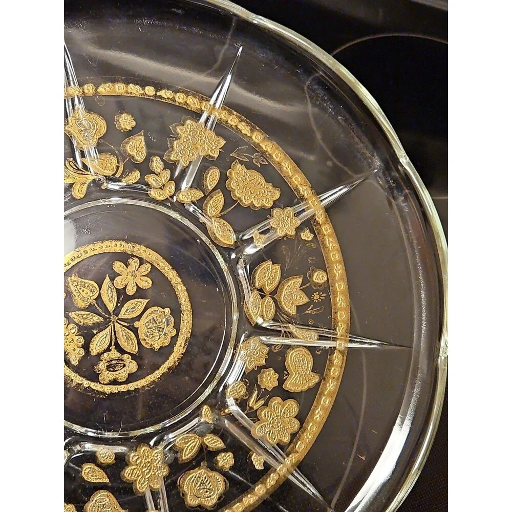 Vintage 1950'S Culver Glass 22K Gold Embossed Serving Plate, 11” Floral Design